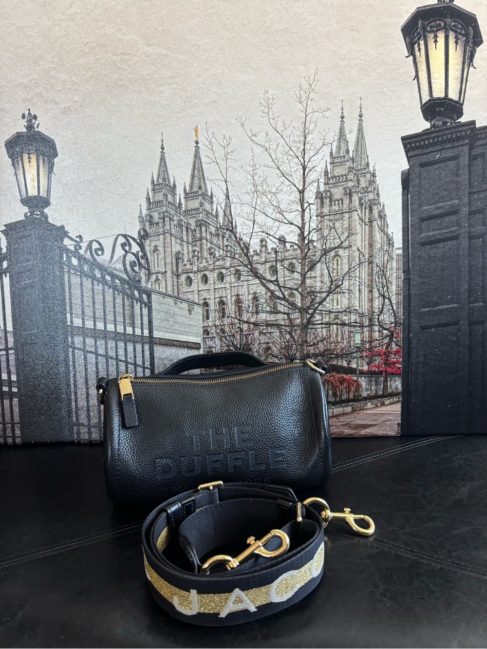Marc Jacobs Black Pebbled Leather Crossbody Duffle with Gold Hardware